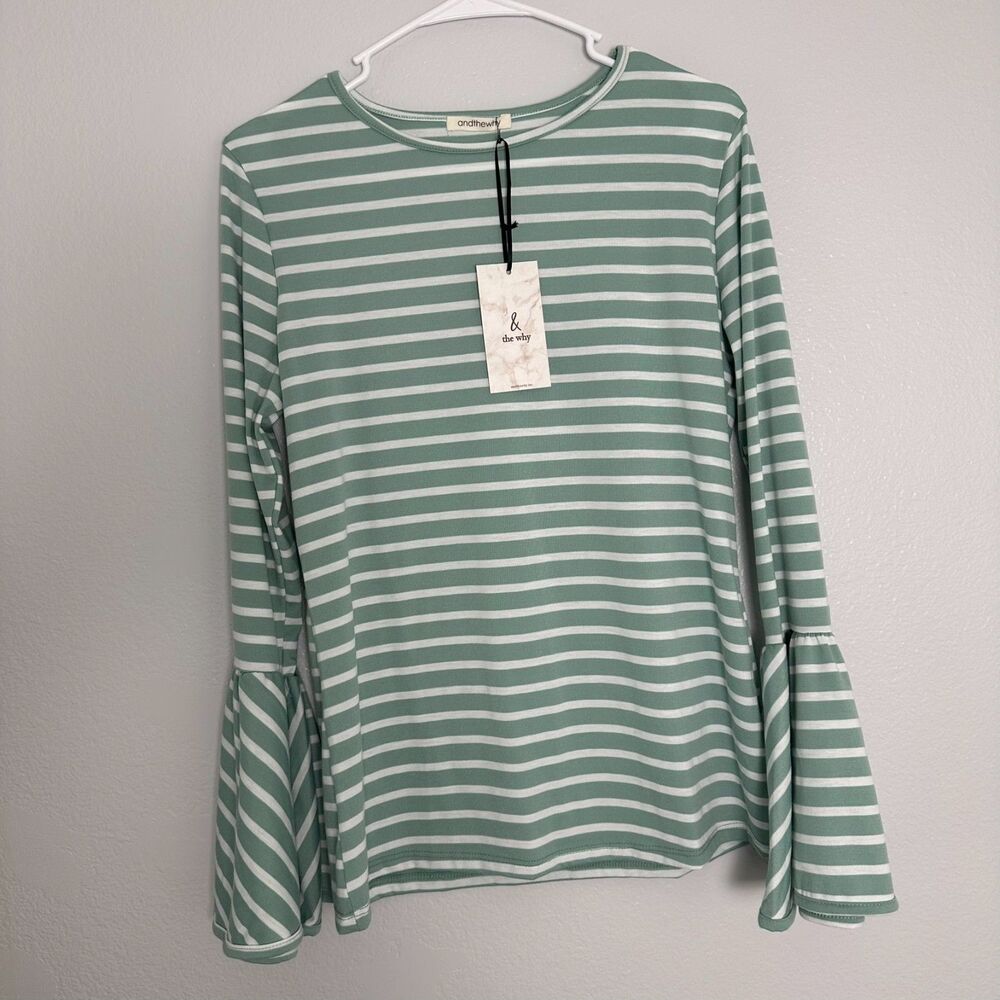 Andthewhy Womens Size-L Blouse Green White Striped Long Flare Sleeves Knit USA